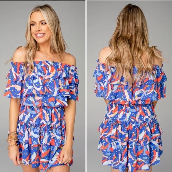 Buddy Love Off Shoulder Dress Blue Red Firework Print Large Ruffled - Picture 1 of 12
